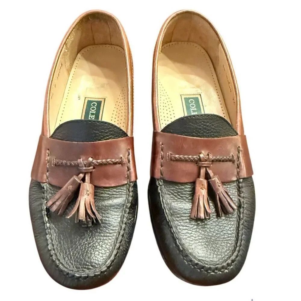 Cole Haan Black & Brown Leather Tassel Moc Toe Loafer Sz 9.5 Preppy